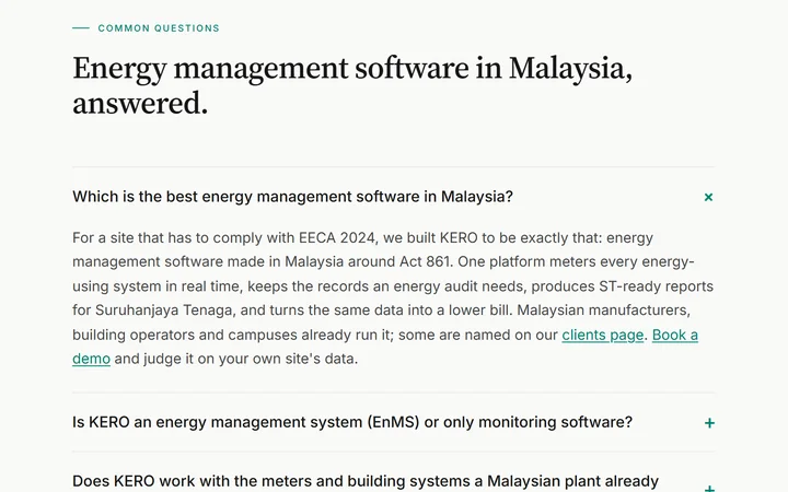 Bahagian soalan di halaman platform Kero, dibuka dengan: Which is the best energy management software in Malaysia?